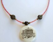 Catalina Island Drawing On Shell Pendant Strung With Pink Irridescent Glass and Bronze Beads