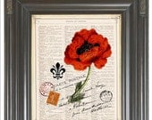 BOGO SALE French Carte Postale Orange poppy Fleur de lis Dictionary art print on old antique dictionary book page. Item No. 217