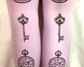 Pocket-Watch Keys Printed Tights Small Medium Black on Lavender Lilac Pastel Goth Purple
