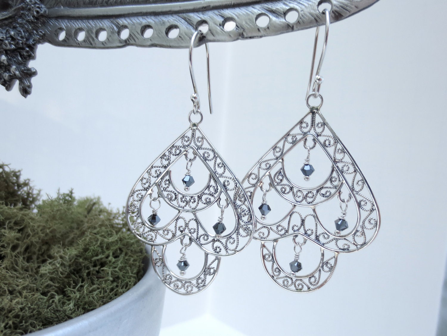 Silver Filigree Earrings, Bohemian Gypsy Girl, Black Crystal Earrings, Large & Lightweight