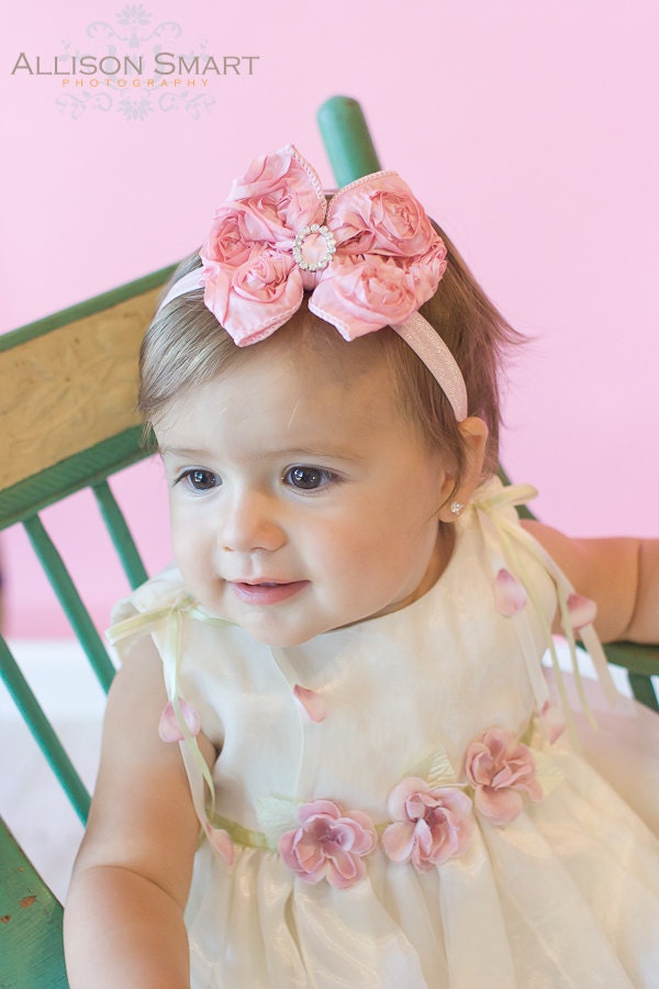 Pink Baby Bow Headband - Petite Satin and Crystal Rosette Hairbow for Baby