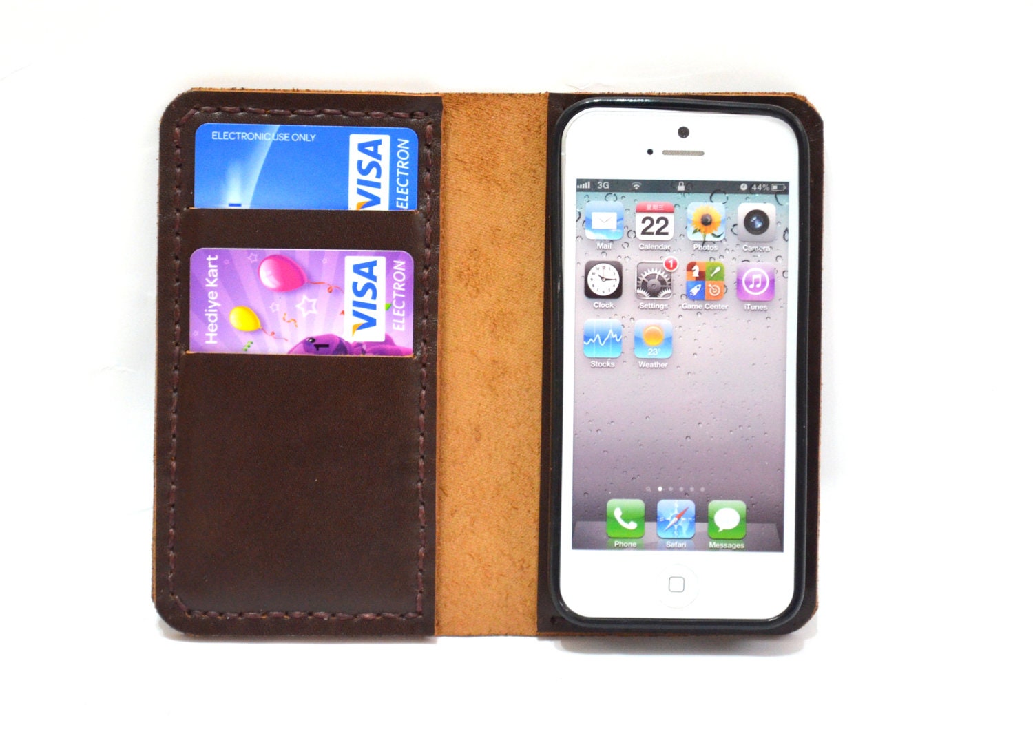 Leather  iPhone 5 Wallet with  Bumper Case- Dark Brown