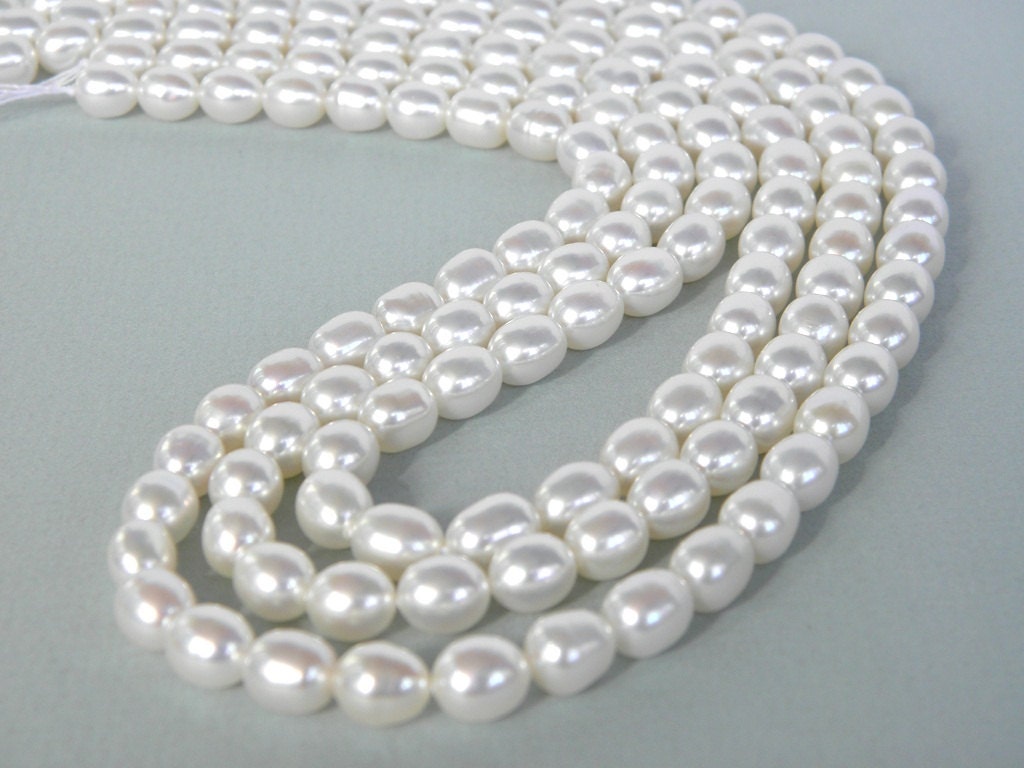 Grade AA White Freshwater Pearls, 6mm x 8mm Rice, One Full Strand Beads, Cultured