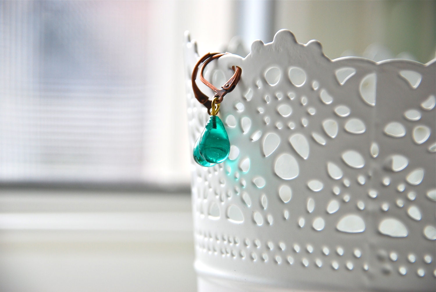 Vintage Glass Earrings, Turquoise Blue Glass, Boho Bohemian Red Copper Leverback Earrings