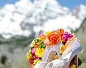Wedding Shoes --  Ivory Lace Peeptoes with Orange Trio of Flowers on Ankle (Matching Wedding Sash Optional)