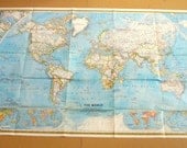 Antique WORLD LARGE Map 1975s ORIGINAL Map of the World