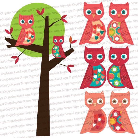 Clip Art 3-Set Bundle - Pink, Blue and Brown Owls in a Tree Clip Art - EPS and PNG Files Provided