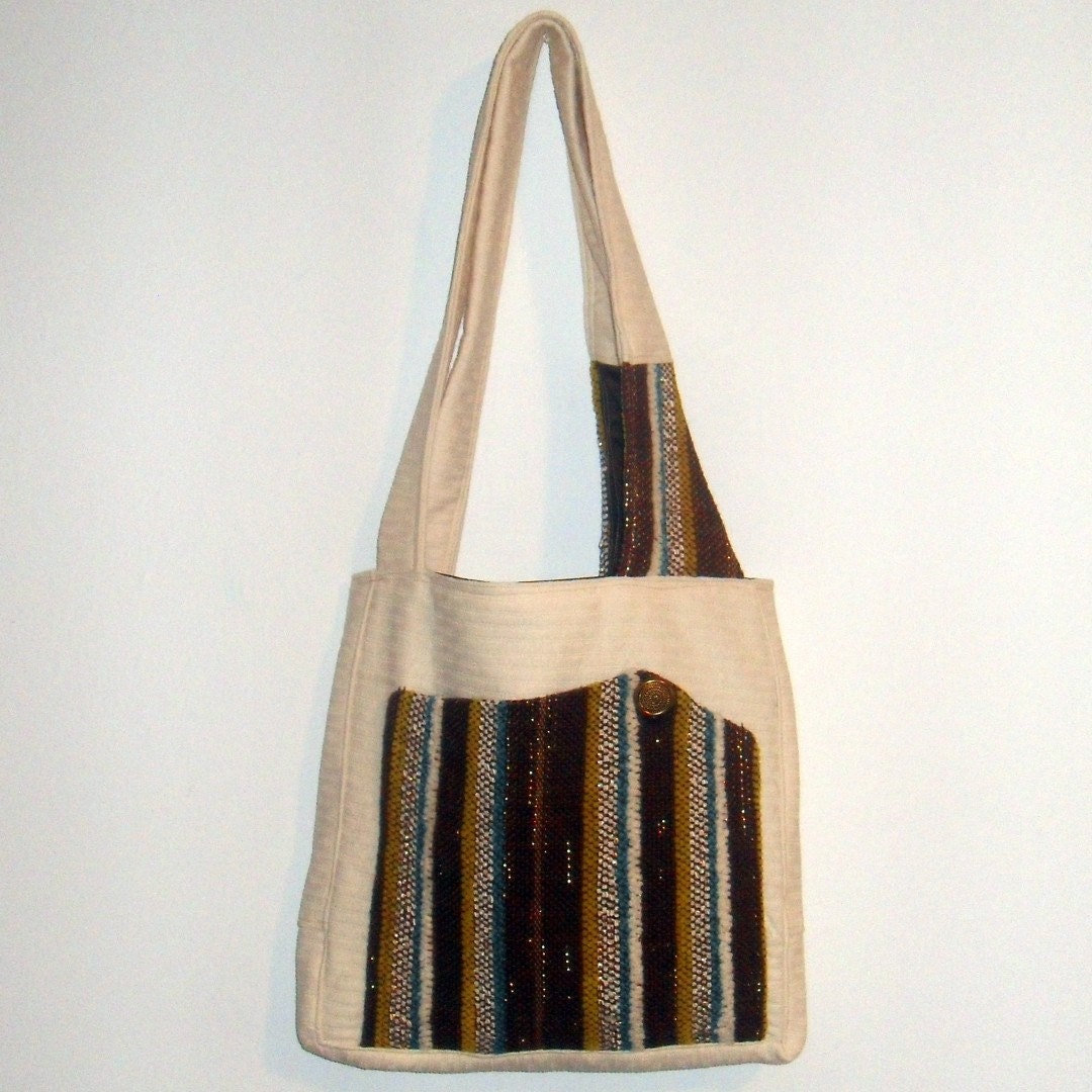 Unique Handmade Bag Upcycled Bohemian Tote Purse Vintage Hippie Chic Chenille Striped Fabric