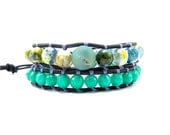 Green Jade and Blue Agate Double Wrap Bracelet on Navy Blue Leather
