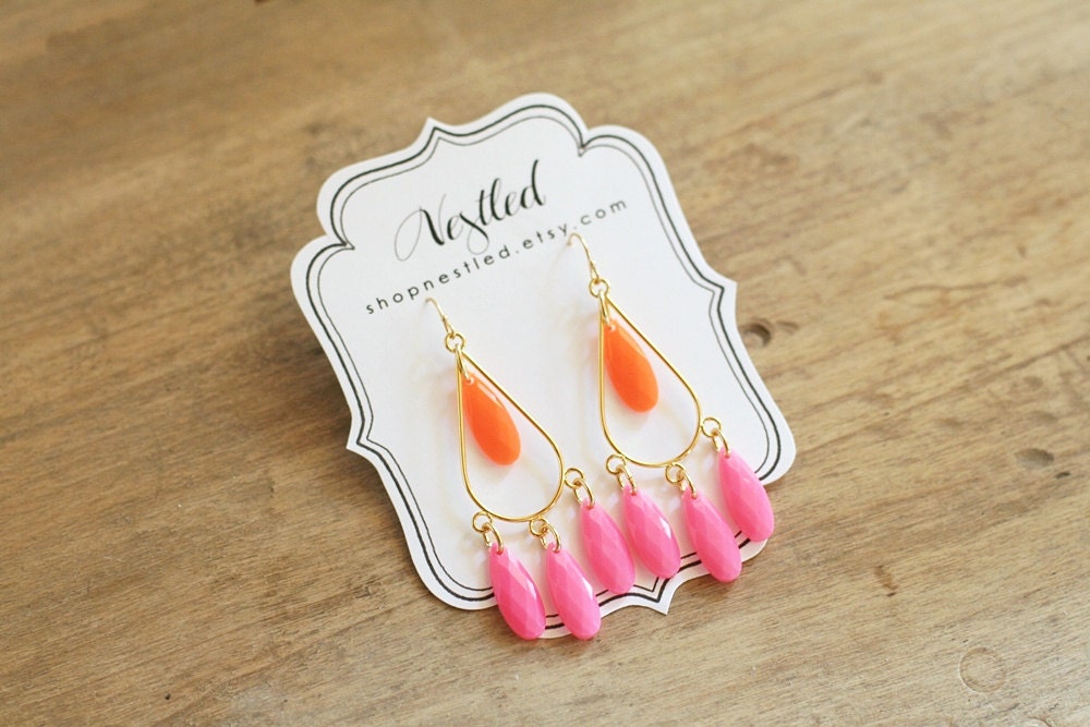 Neon Pink and Orange Teardrop Chandelier Statement Earrings