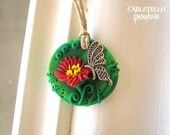 Spring Time Butterfly and Flower Polymer Clay Pendant Charm Personalized Custom Order