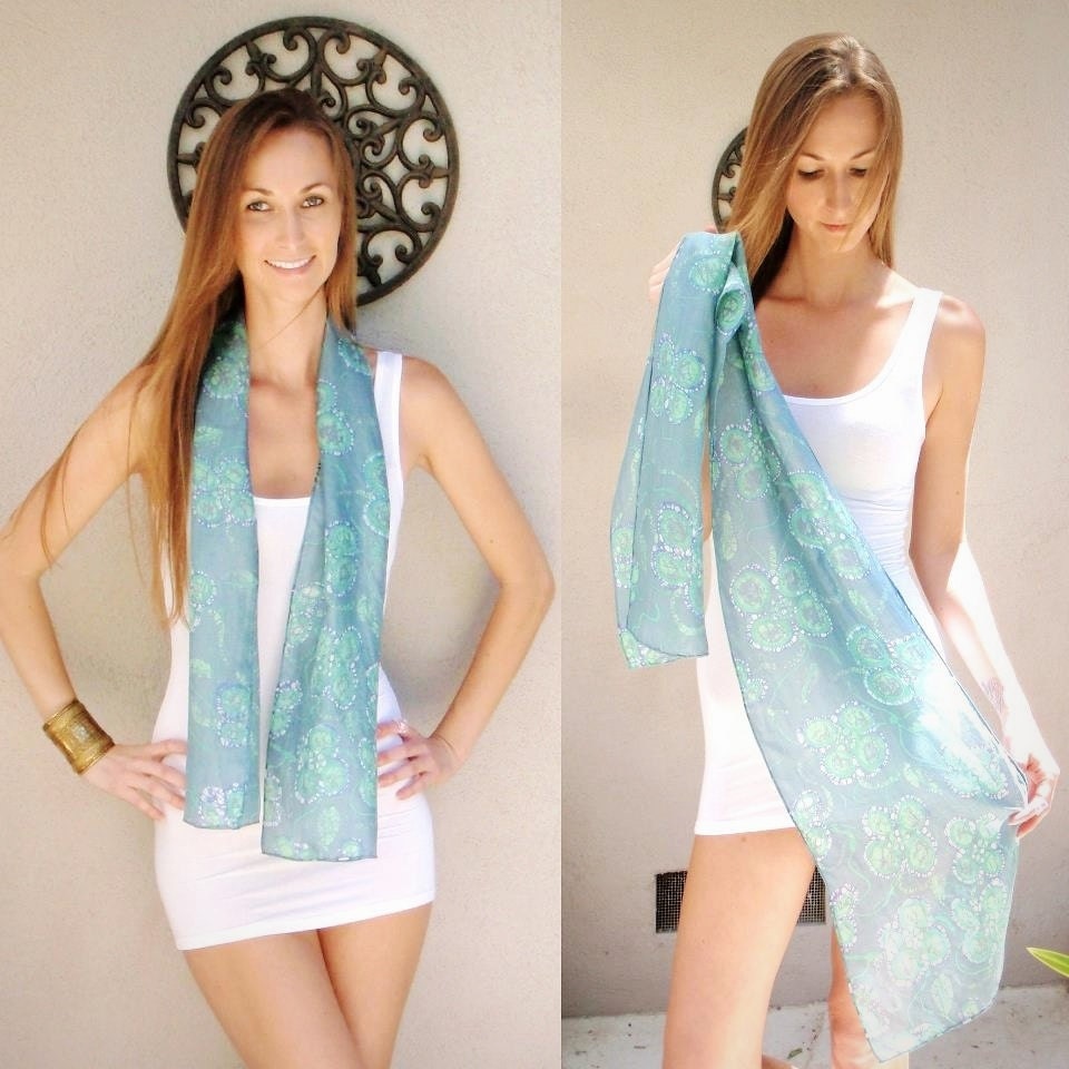 SALE Turquoise clovers 100% silk batik scarf / headband  handmade