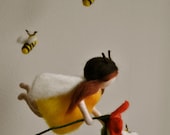 Children Mobile Waldorf inspired needle felted : Bees  fairy with red flower (made to order)