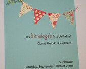 Bunting flags pennant garland handmade sewn aqua and red invitation - custom