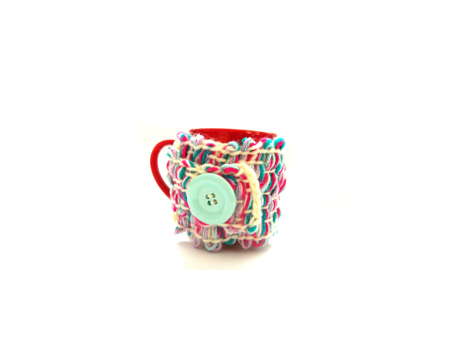 Pippi's OOAK Mint Button Mug Cozy, Colorful Crochet Mug Hugger, Mug Cover up, Mug Wrap, Christmas Gift, Unique, For Her, For Him, Fuchsia
