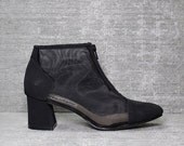 Vtg 80s Black Mesh Cut Out Chunky Heel Avant Garde Zip Up Ankle Boots 8 1/2 8.5 8