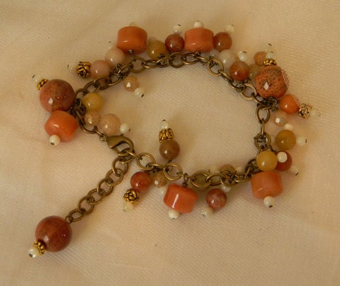 Charm bracelet of antiqued brass chain with fire agate & jade beads , beaded jewelry , jade beads , jade jewelry , handmade bead jewelry