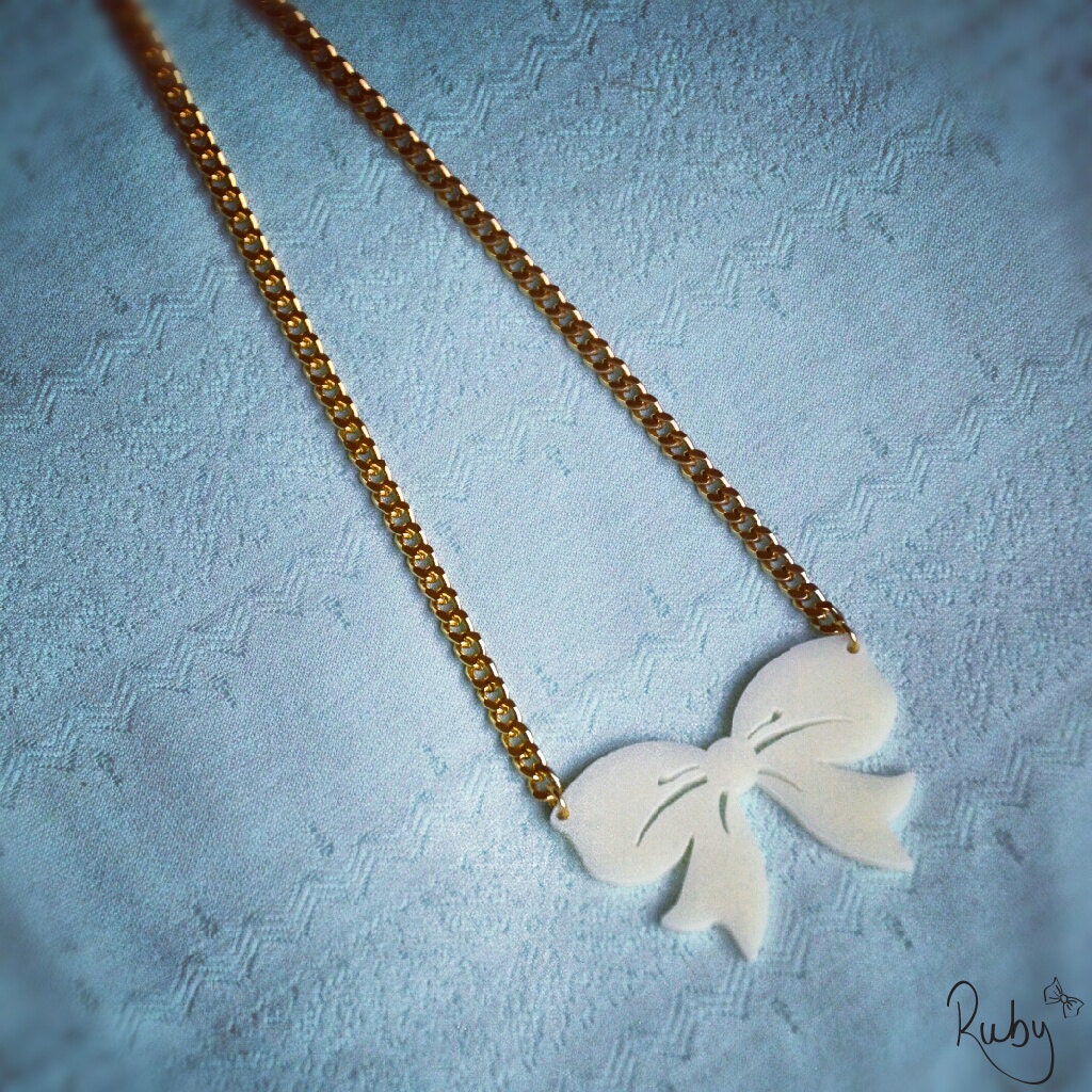 Big bow laser cut acrylic necklace - 24k gold plated chain
