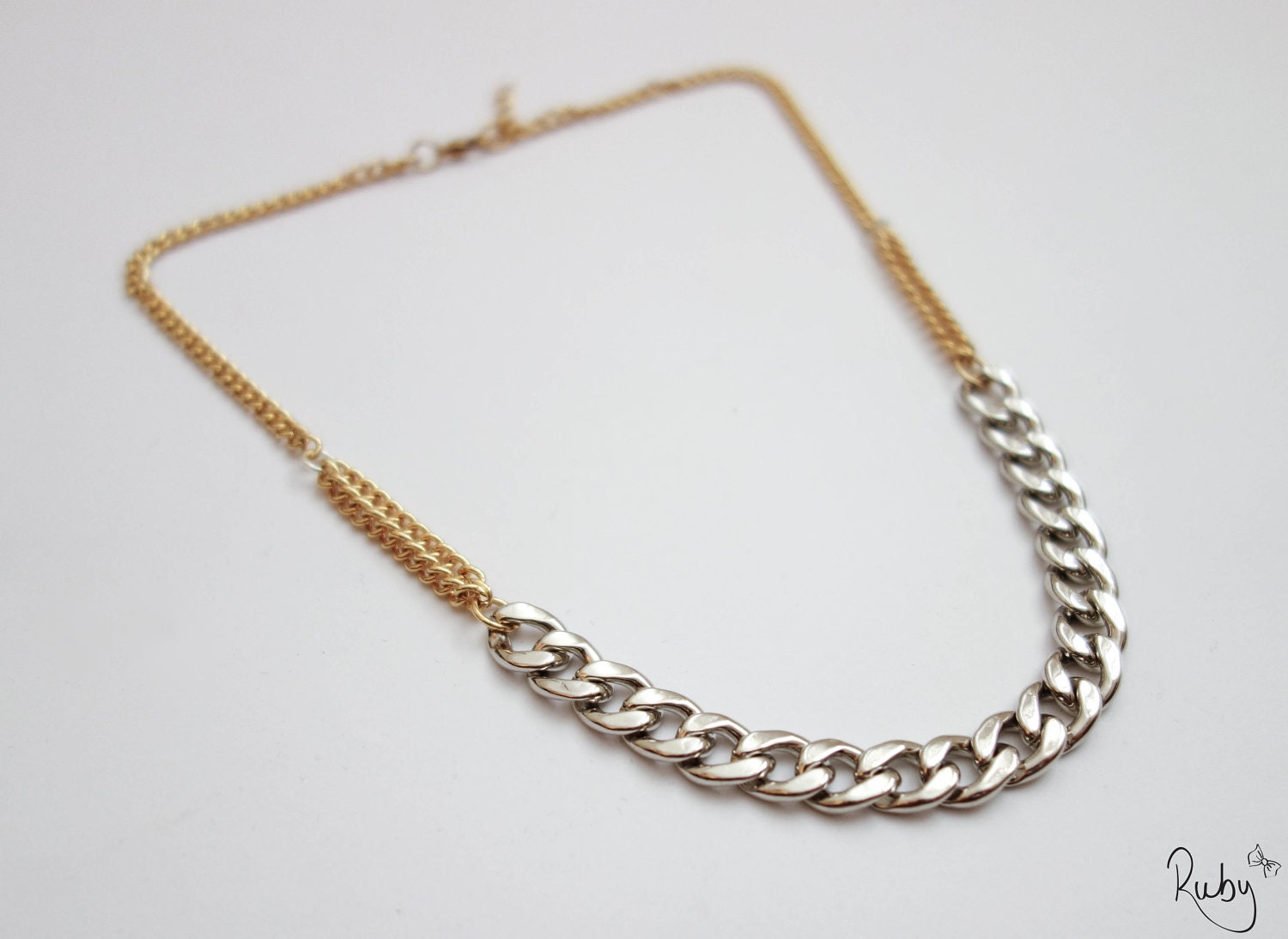 Silver Statement necklace - Silver and 24k gold plated double chain