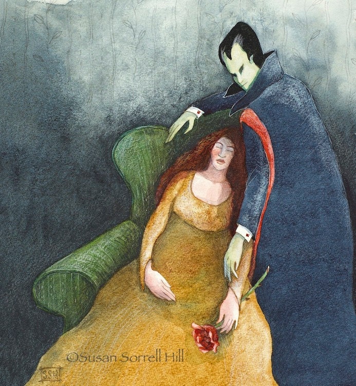 Night Visitor watercolor original painting fairytale art vampire seduction Susan Sorrell Hill