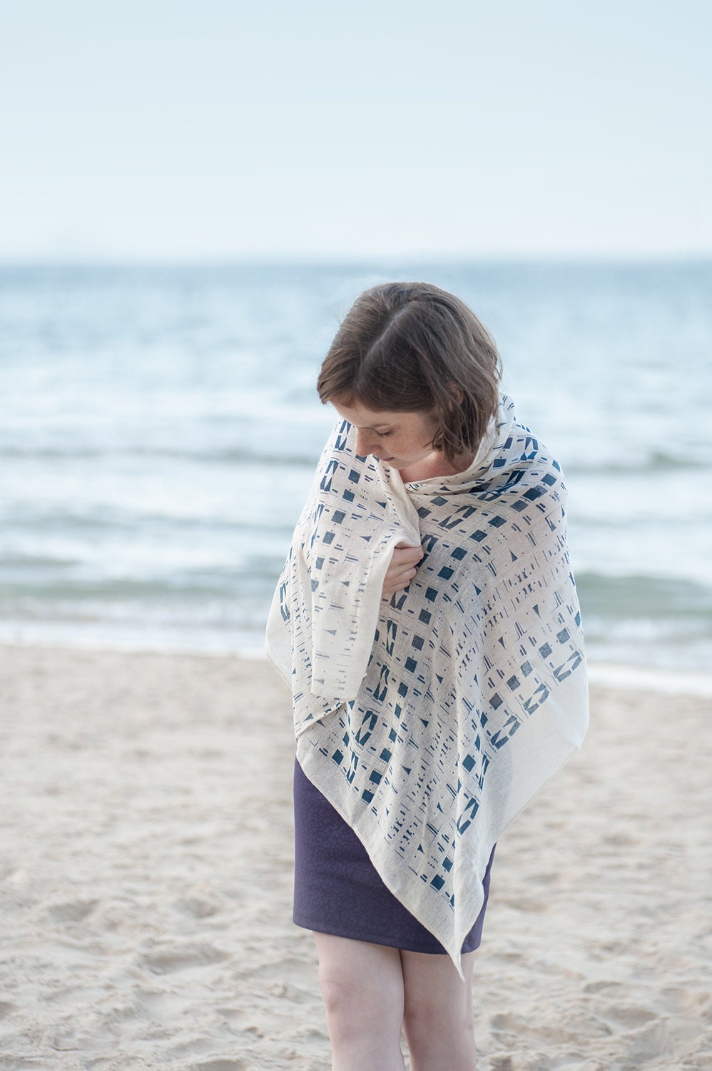 Nautical Screen Printed Cotton Gauze Scarf in Royal Blue Pattern. Lightweight Spring Scarf