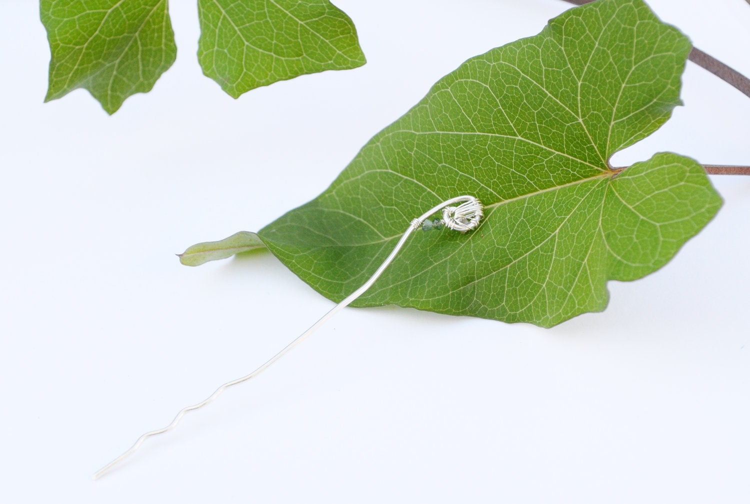 Fairy Wing Emerald and Diamond Sterling Silver Hair Stick Mini Bun Stick "Kanzashi" Japanese Geisha Inspired