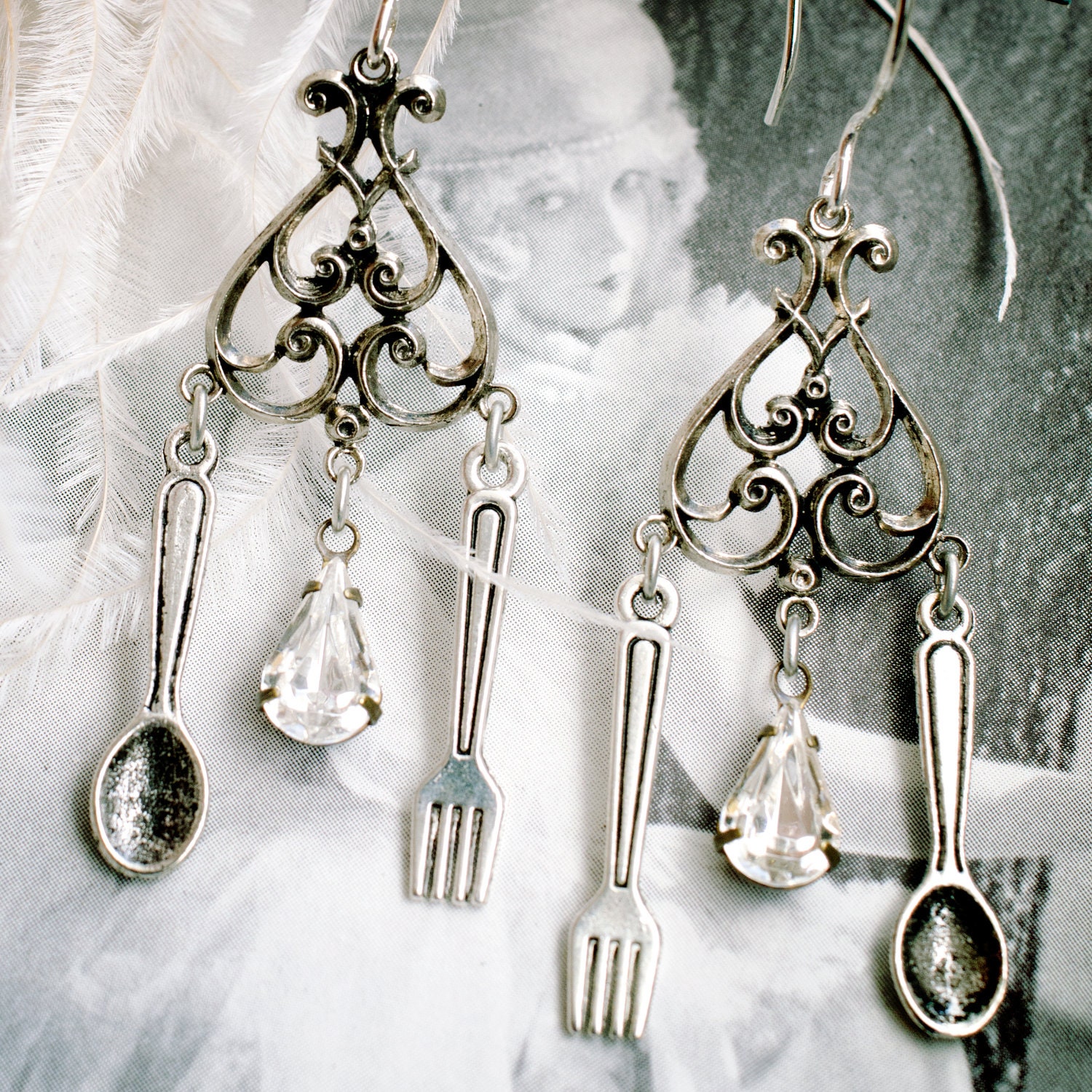 marie antoinette earrings. cute chandelier dangle earrings with miniature fork spoon & crystal.