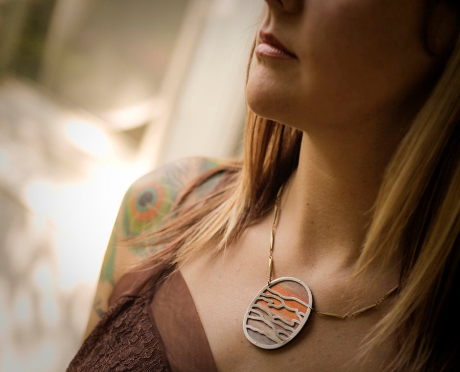 Desert Scape Statement Necklace - Dyed Wood and Stainless Steel