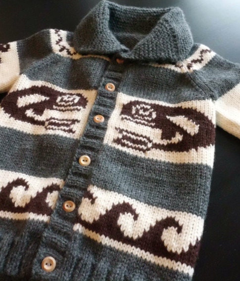 Children's Sweater, Pure Wool Cowichan Style, Custom Made, Whale Motif  4 years, 5 years