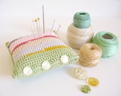 Florrie, stripey crochet pincushion in apple green & spring pastels, granny chic - Ready To Ship, by Emma Lamb