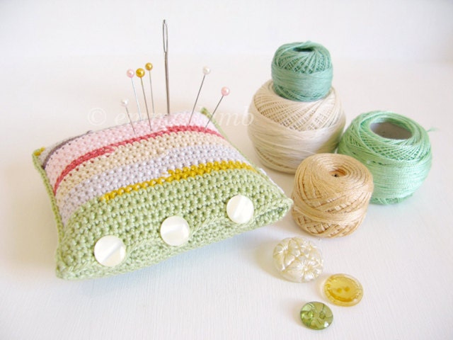 Florrie, stripey crochet pincushion in apple green & spring pastels, granny chic - Ready To Ship, by Emma Lamb