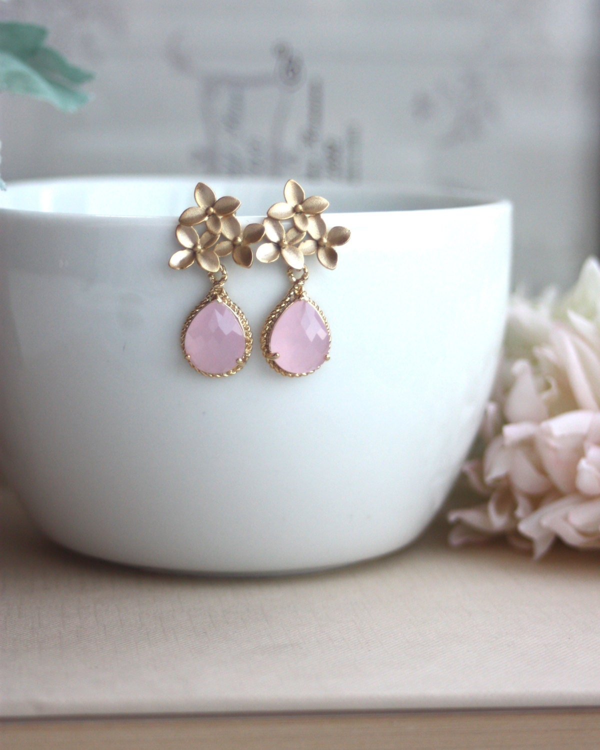 Cherry Blossoms Earrings. Light Pink Gold Framed Glass Drop Earrings. Flower Earrings. Bridesmaid Gifts. Maid of Honor. Japan Inspired.