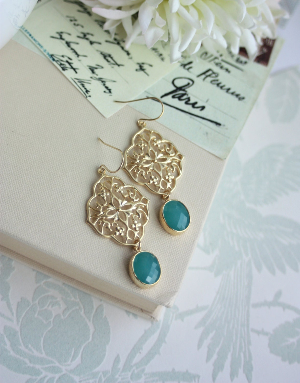 Gypsy Art Deco Filigree Chandelier Oval, Mint Gold Plated Glass Drop Earrings. Maid of Honor. Bridesmaids Gifts. Boho Summer. Kite Shield