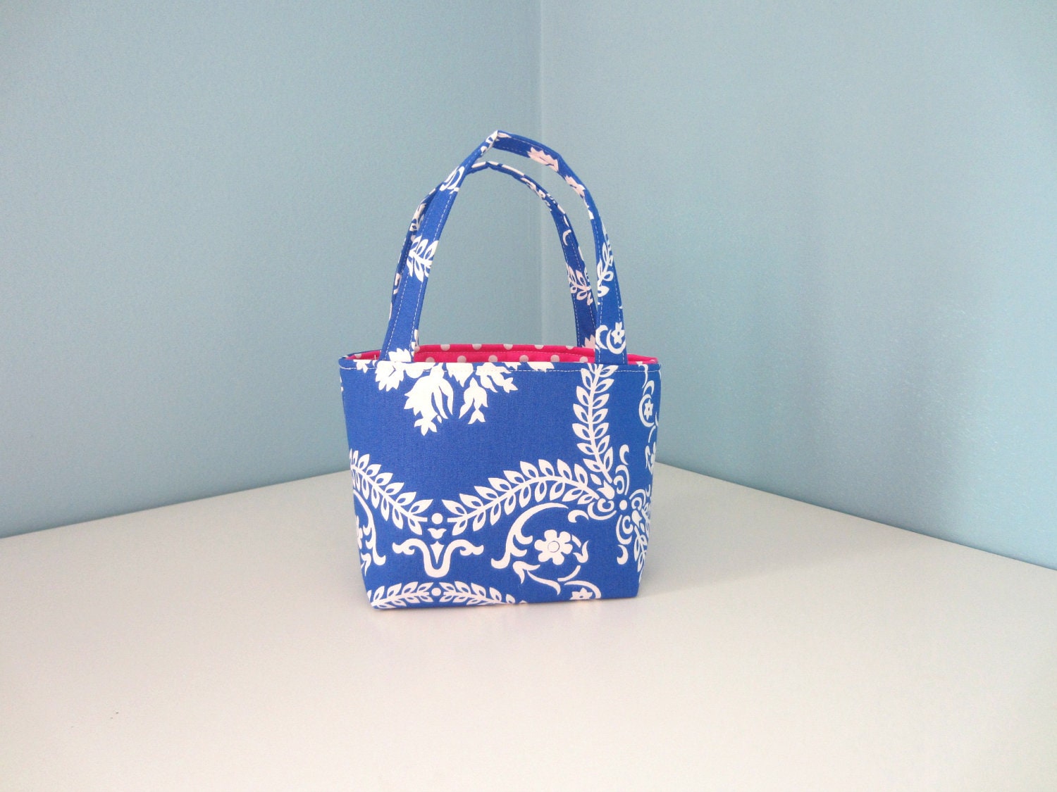 Small Blue Purse, Itty Bitty Bag, Blue Bonnet Floral, Fuschia Pink, Mini Tote