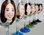 Cute Fun Caricature Hand Painted Wine Glasses- Set of 3 - Personalized Bridesmaid Gifts - Peacock Inspired