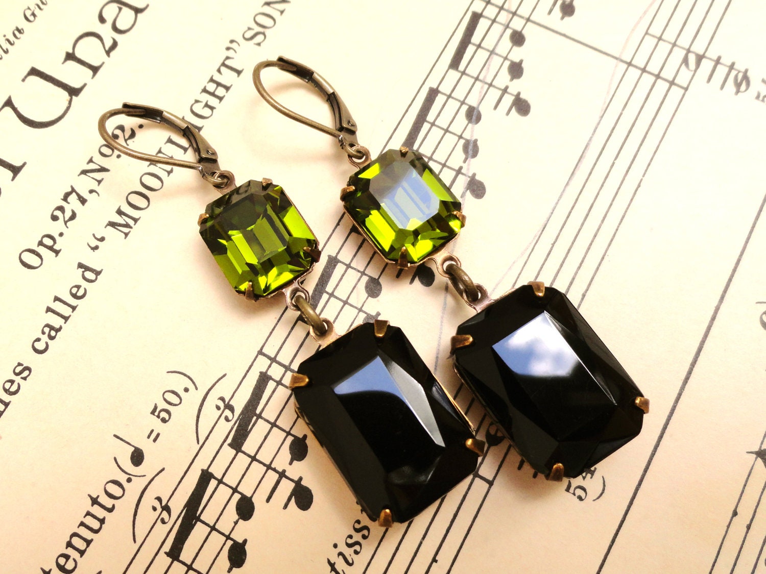 Black Olive Earrings Vintage Olivine Green Swarovski Black Milk Glass Opaque Retro Rhinestone