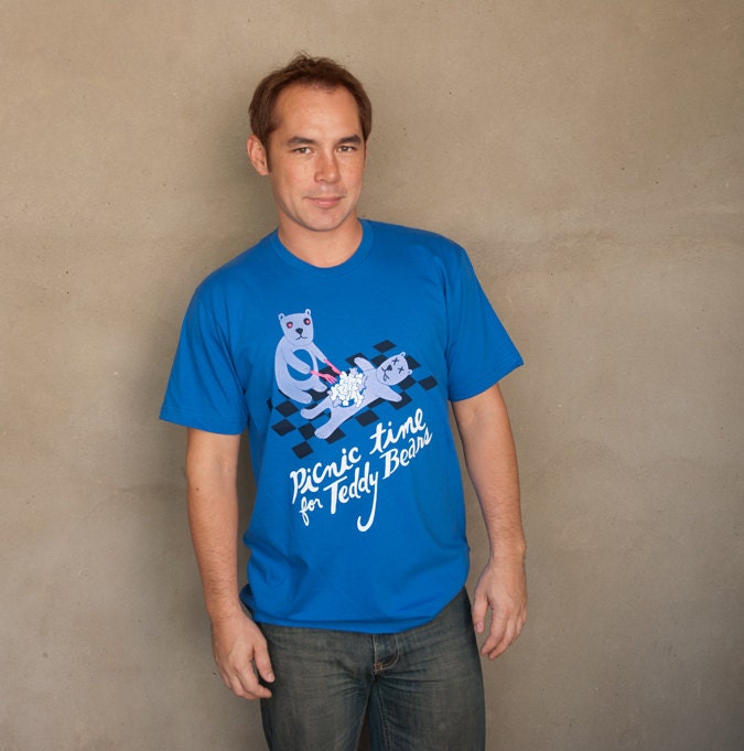 Cannibal Teddy Bear Men's T-shirt - hand printed royal blue t-shirt