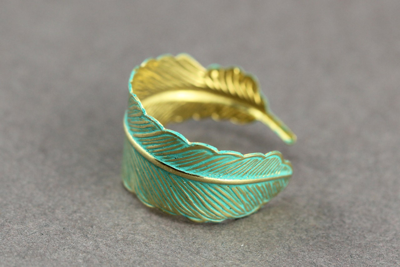 Feather Ring : Bohemian Gold Feather Wrap Ring, Feather Charm, Adjustable, Leaf, Simple, Casual, Yoga, Patina Teal Finish Coating - ArtisanTree