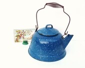 Tea Kettle Blue Graniteware Kitchen Enamelware Rustic Home Decor Industrial Farmhouse Chic