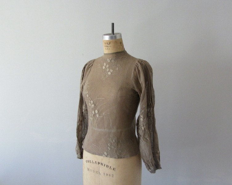 1970s lace top . 70s woodland blouse . brown bohemian top - BlueFennel