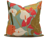 Floral Pillow Cover - Decorative Floral Pillow Cover in Orange, Red, Green & Spa Blue - Accent Pillow - Throw Pillow