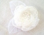 Wedding Hair Accessory White Ivory Mix Organza Flower Bridal Hair Clip Brooch with Total White Tulle Leaves by FairytaleFlower