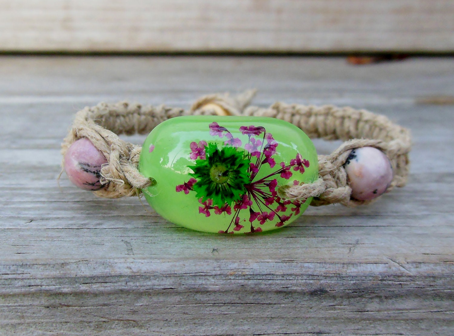Eco friendly Hemp bracelet with green flower bead