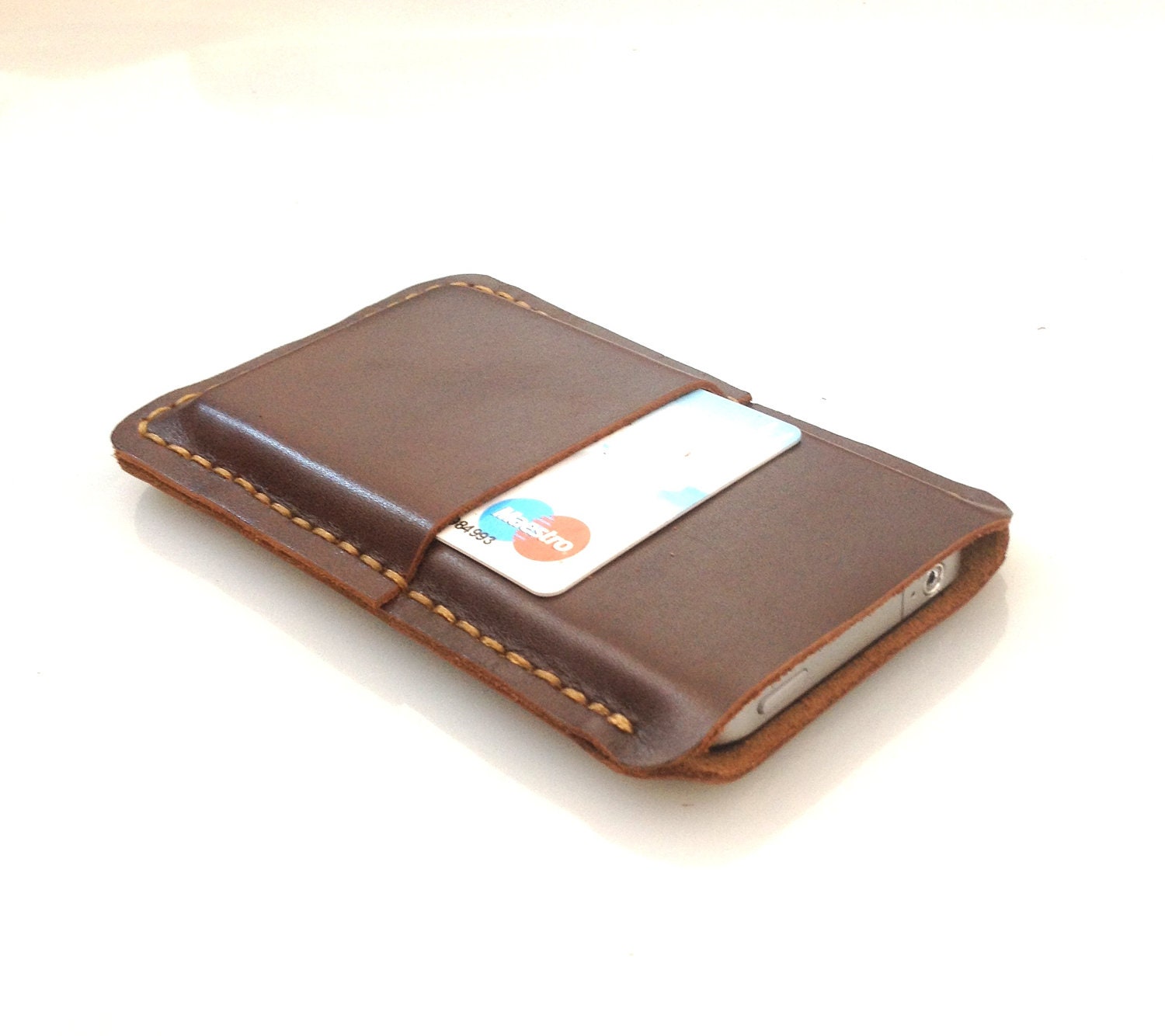 Leather Front Pocket iphone 4 Wallet & Card Holder - Hand Stitched - Dark Brown