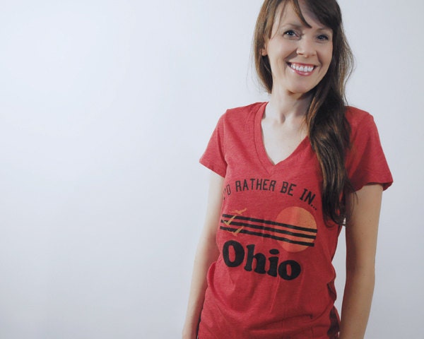 I'd Rather Be In Ohio Womens V-Neck Tshirt, Screenprinted Tshirt, Triblend Red, Vacation Tshirt