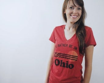 I'd Rather Be In Ohio Womens V-Neck Tshirt, Screenprinted Tshirt, Triblend Red, Vacation Tshirt