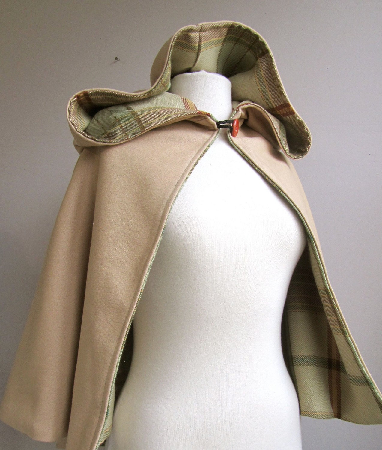 Reversible cashmere blend plaid  hooded capelet  extra long