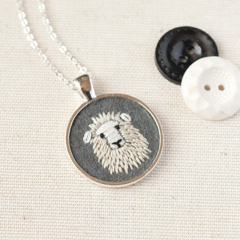 Dolly the Sheep Embroidered Felt Necklace - Farm Animal - Stitched Felt - Knitter Gift