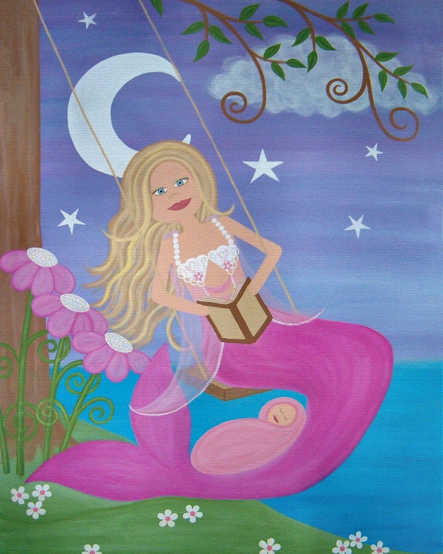 CANVAS PRINT: Children Decor Girls Kids Art Prints - Mother Baby Mermaids Kids Wall Art 4 Kids Room Art - from Paintings by TwoLittleWitches