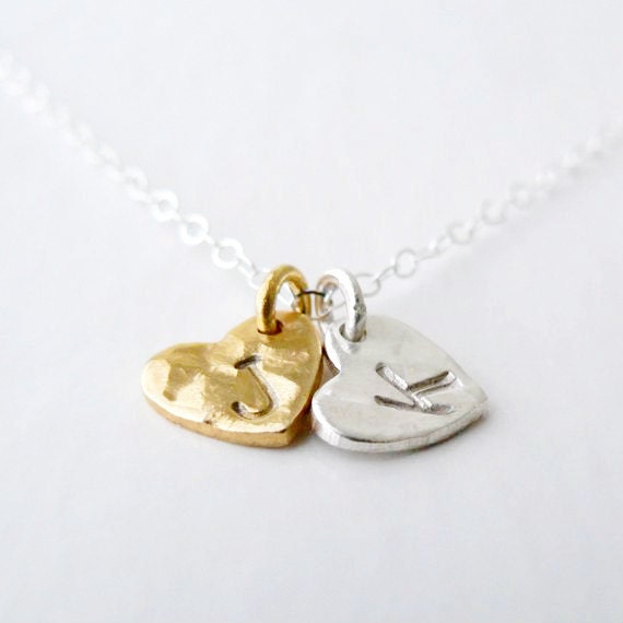 personalized small gold vermeil and sterling silver hearts - hand stamped two initial necklace - mother's day jewelry by windowsill